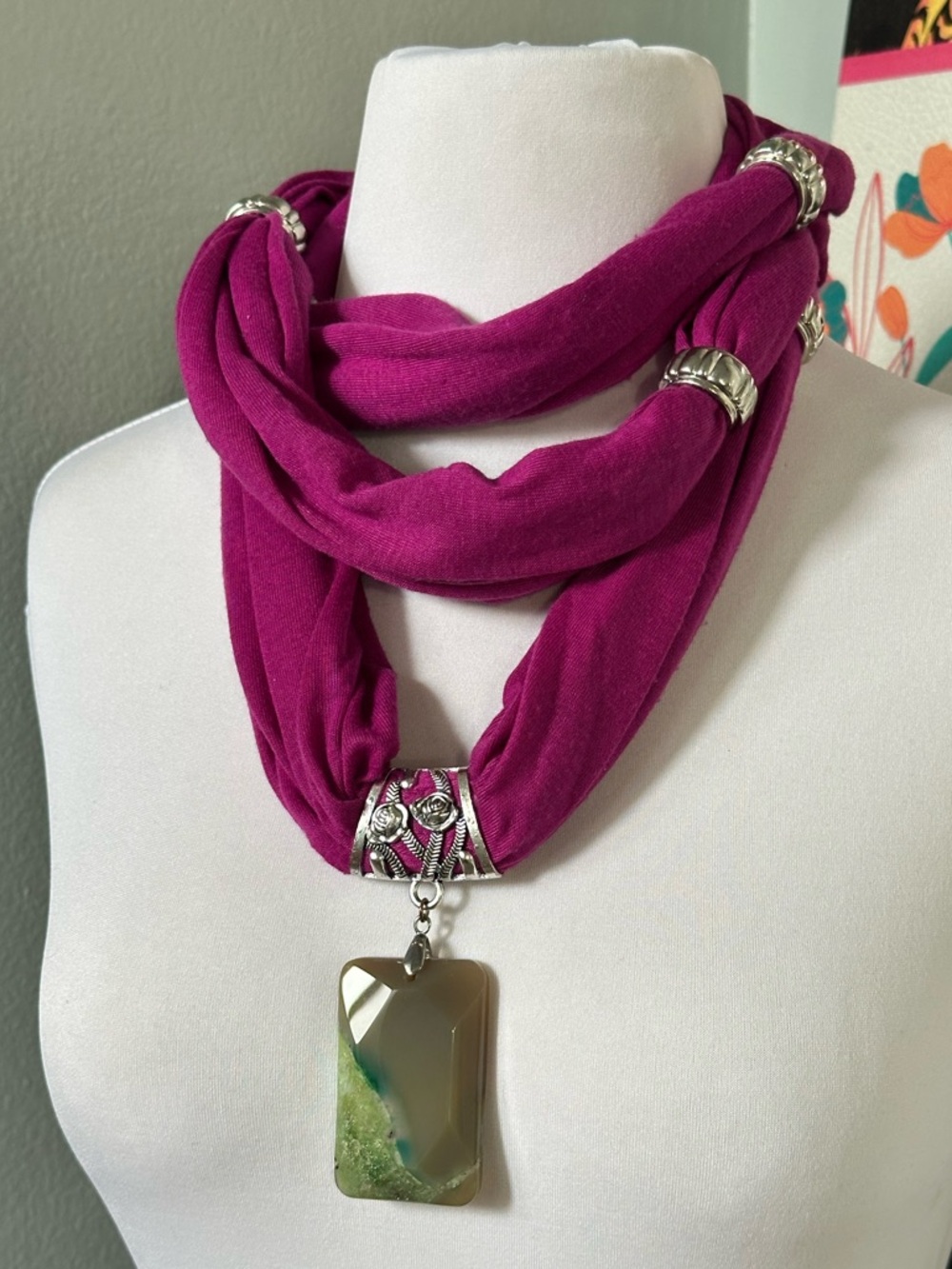 32” Magenta Fabric Scarf Necklace Green Agate Stone Pendant Cottagecore Artisan
